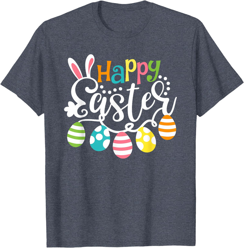 Happy Easter Bunny Rabbit Face Funny Easter Day Women Girls T-Shirt (Black) in Heather Blue