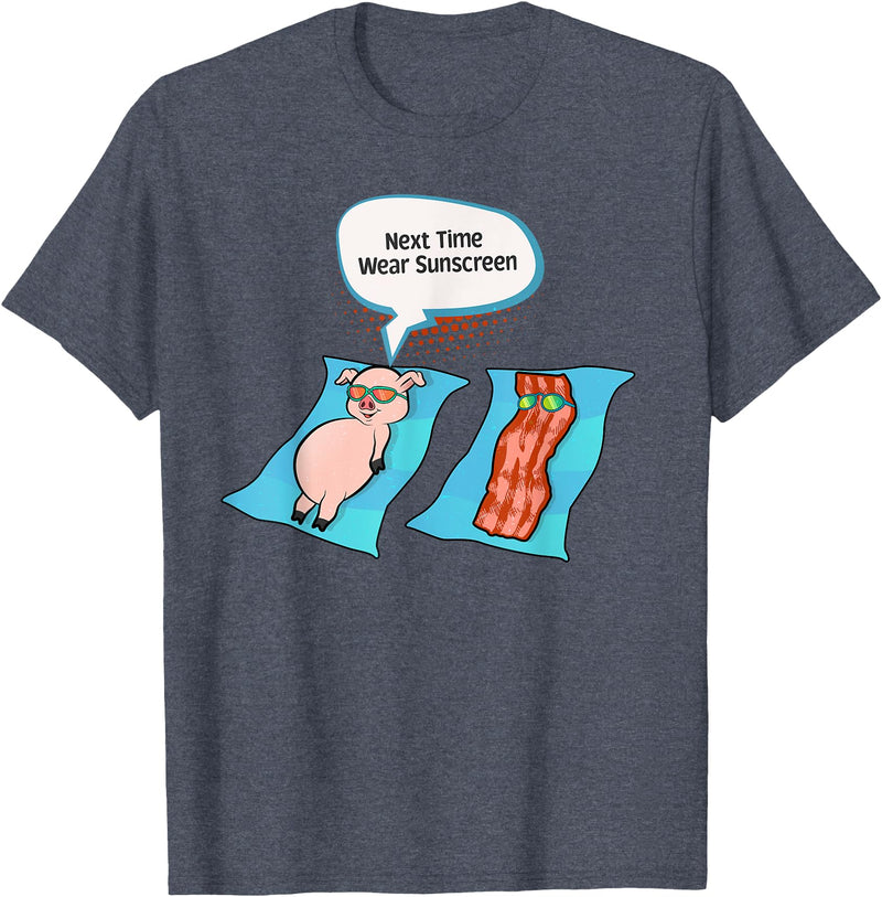 Bacon T Shirt Co Next Time Wear Sunscreen Funny Pig Bacon Sunbathing T-Shirt - Heather Blue