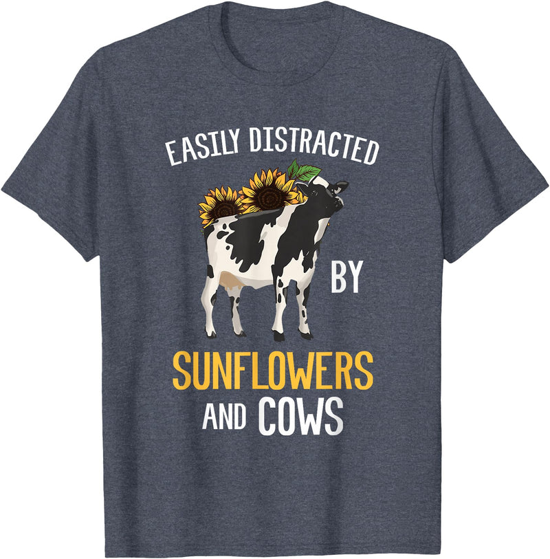 Funny Gift Idea for Sunflower and Cow Lovers Easily Distracted By Sunflowers and Cows T-Shirt - Heather Blue