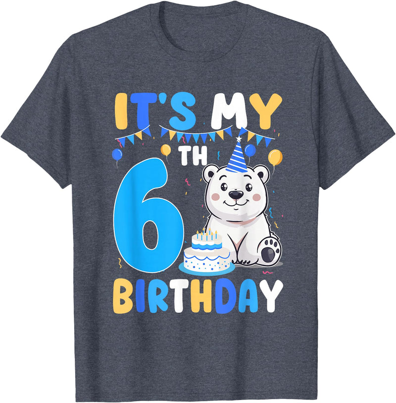6th Birthday Polar Bear Lover Gift It's My 6th Birthday Polar Bear Themed Party 6 Year Old T-Shirt - Heather Blue