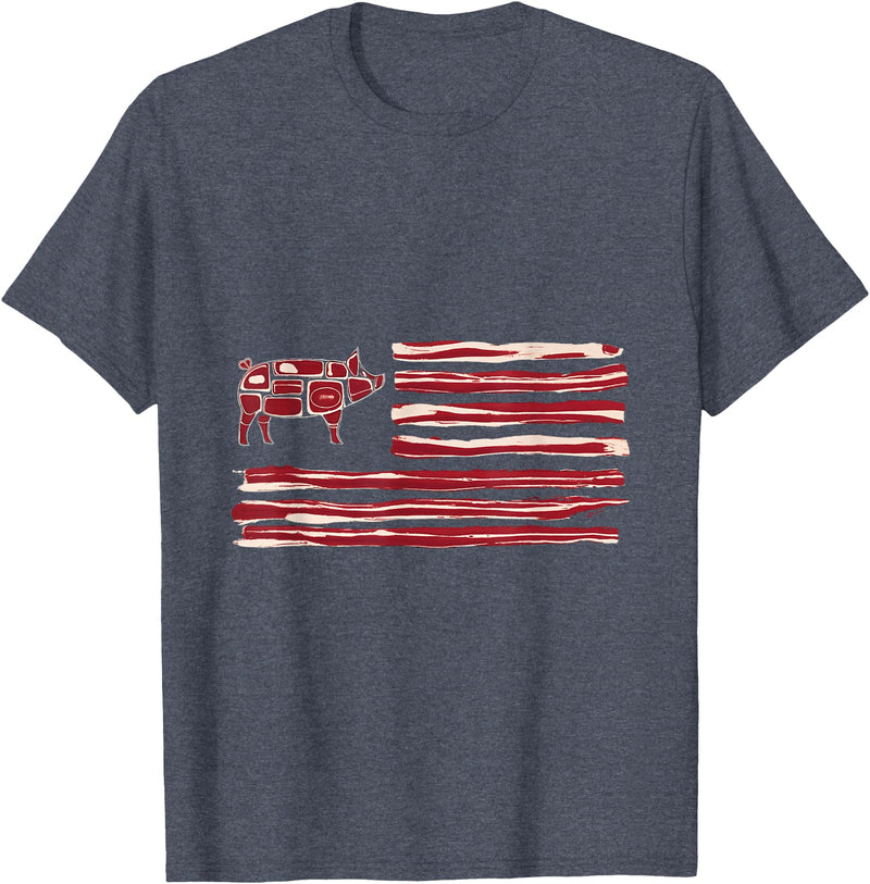Bacon Lovers BBQ Grill Pork Pig Bacon Flag Pig American Patriot Cooking Grill T-Shirt - Heather Blue