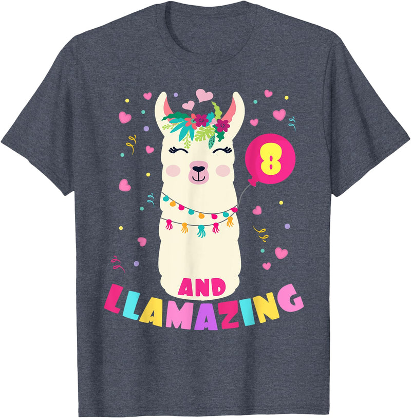 Llamazing Birthday Party Outfit Llama Lovers Llamazing 8 Years Old Girl Birthday Cute Llama Alpaca Kids T-Shirt - Heather Blue