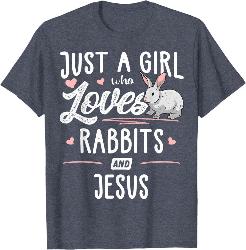 Just a Girl Who Loves Rabbits and Jesus Gift Women T-Shirt in Heather Blue