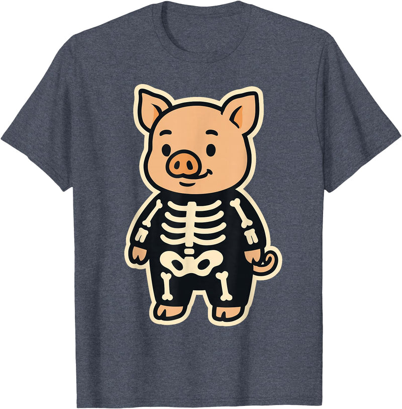 Spooky Cute Cartoon Animals in Halloween Outfits Funny Pig Skeleton Costume for Kids Boys Girls Halloween T-Shirt - Heather Blue