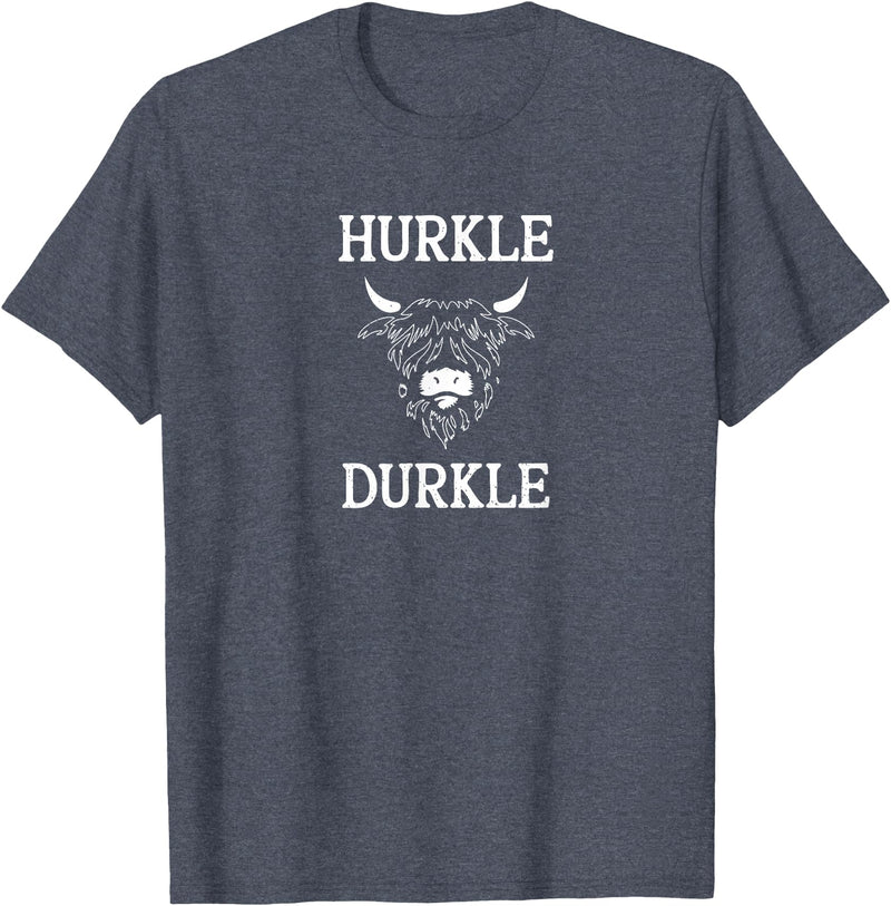 The Kilted Crow Hurkle Durkle Funny Scotland Highlands Cow Graphic T-Shirt - Heather Blue