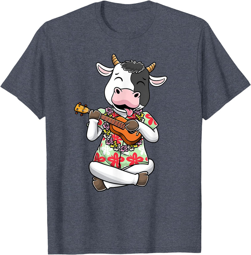 Luvhawaiiantha Cow With Ukulele Hawaiian Hawaii Summer Luau Aloha Farmer Men Women Kids T-Shirt - Heather Blue