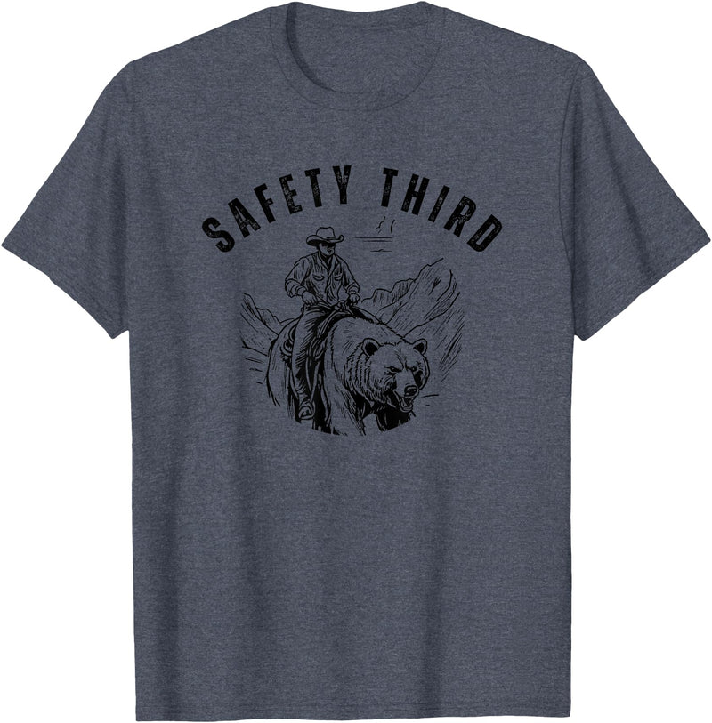 Exteevaganza Safety Third Cowboy Riding Bear Humorous Graphic T-Shirt - Heather Blue