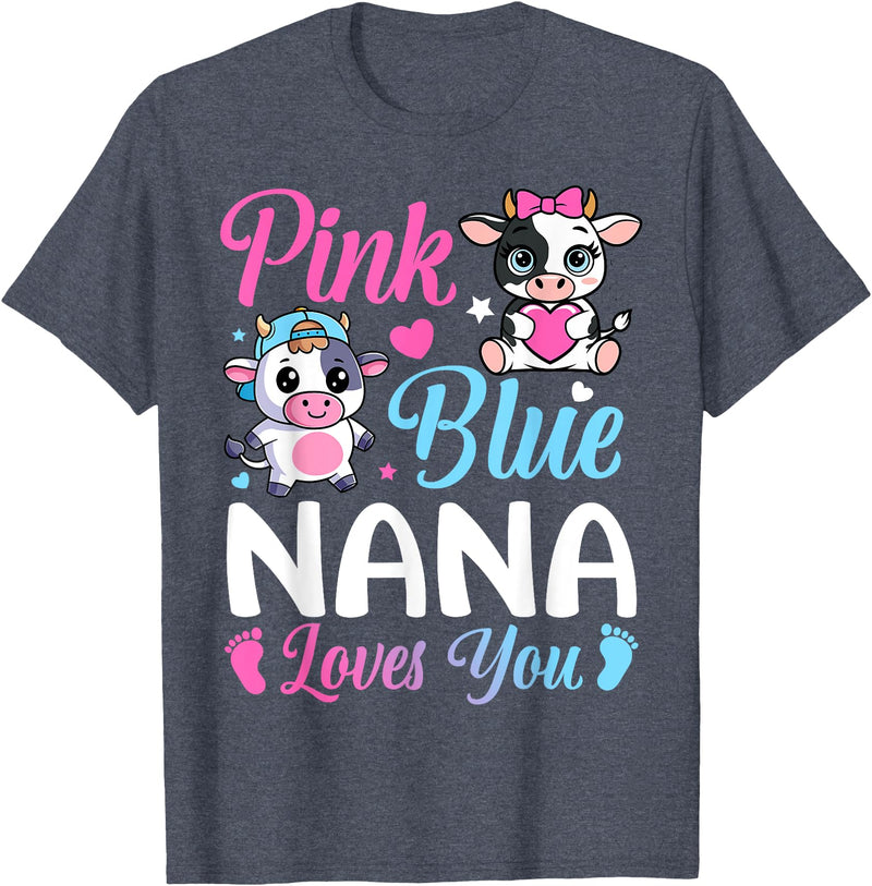 Cow Baby Shower Announcement Family Matching Tees Pink Or Blue Nana Loves You Cow Gender Reveal Family T-Shirt - Heather Blue