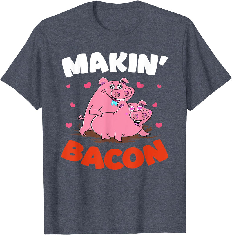 Makin' Bacon Lover Piggy Pig Design T-Shirt - Heather Blue