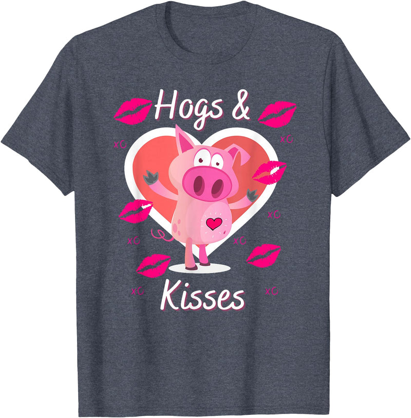 Love Heart Hogs & Kisses Funny Pig Pun on Hugs & Kisses T-Shirt - Heather Blue