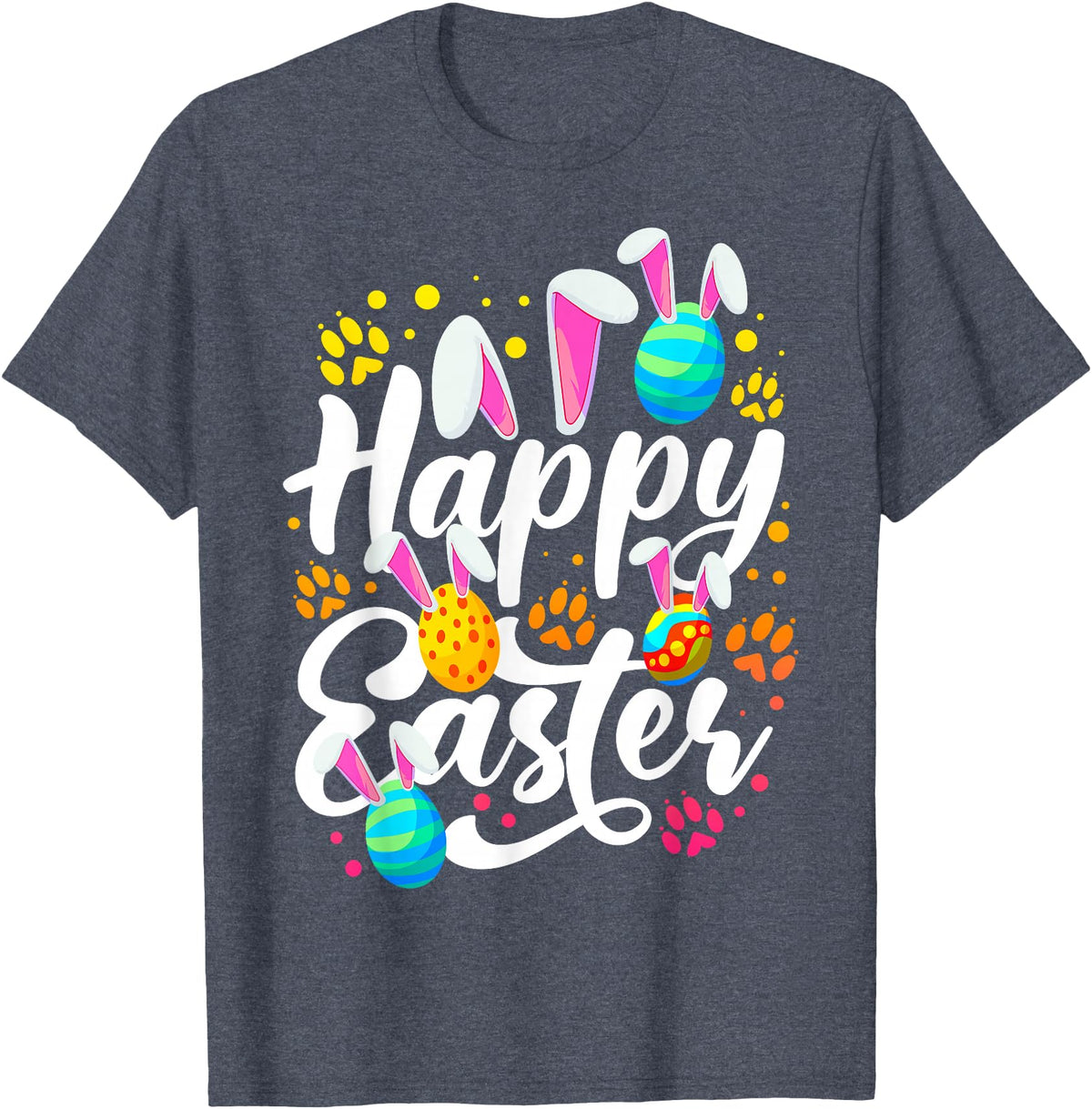 Funny Happy Easter Eggs with Easter Bunny Rabbit Ears T-Shirt in Heather Blue