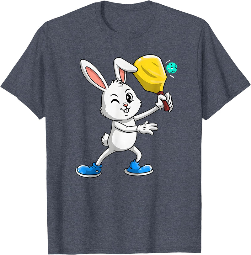 Pickleball Bunny Rabbit Easter Day for Pickleball Player T-Shirt in Heather Blue