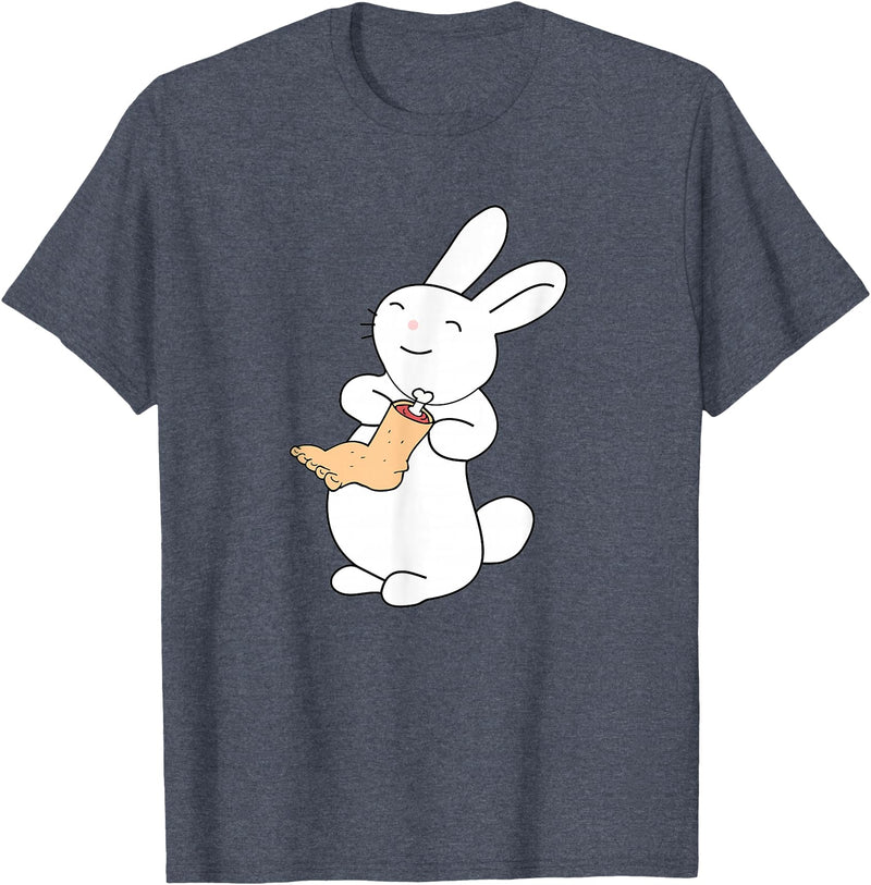 Lucky White Rabbit Human Foot T-Shirt in Heather Blue