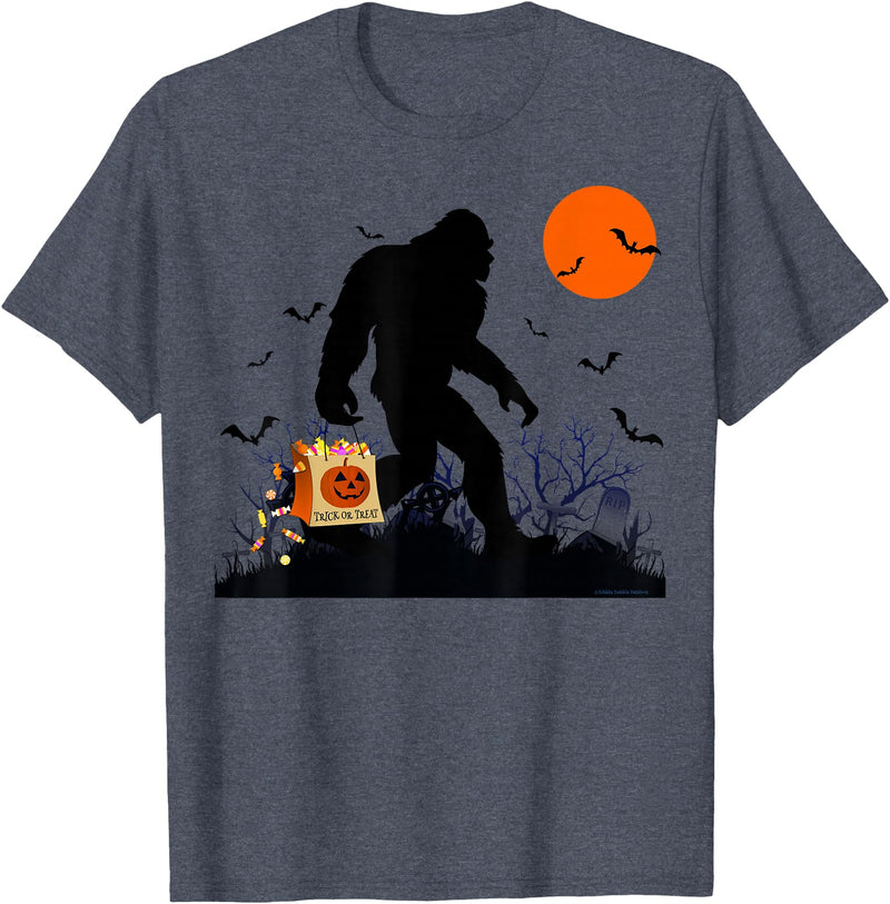 Dibble Dabble Designs Halloween Funny Halloween Bigfoot Trick or Treating - Bigfoot T-Shirt - Heather Blue
