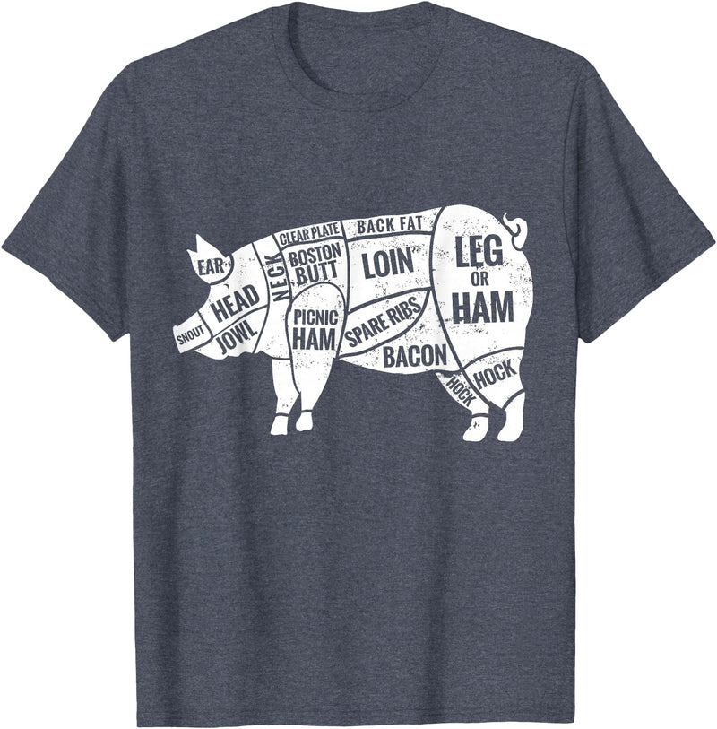Pig Diagram T-Shirt | Butcher T-Shirts Pig and Pork Diagram Shirt, Butcher Shirt, Bacon Tee T-Shirt - Heather Blue