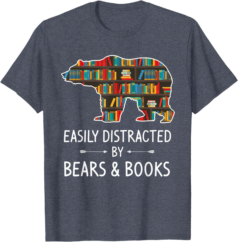 Cool Wild Bear Animal Funny Hunting Gift Designs Easily Distracted By Bears & Books Lover Gift Mammal Animal T-Shirt - Heather Blue