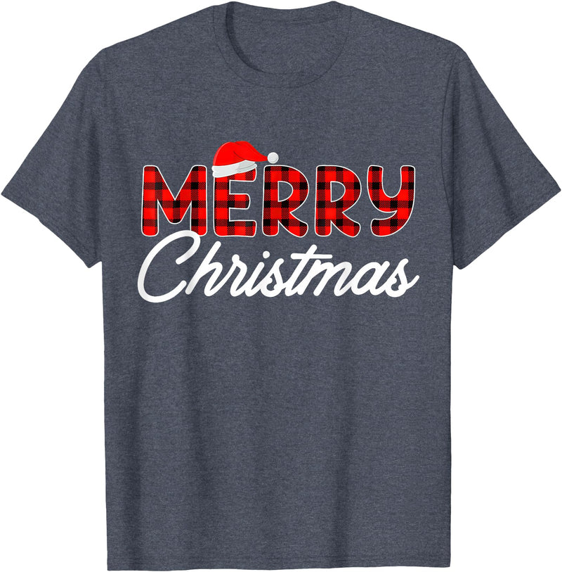 Merry Christmas Buffalo t -shir t Merry Christmas Buffalo Plaid Red Santa Hat Xmas Pajamas T-Shirt - Heather Blue