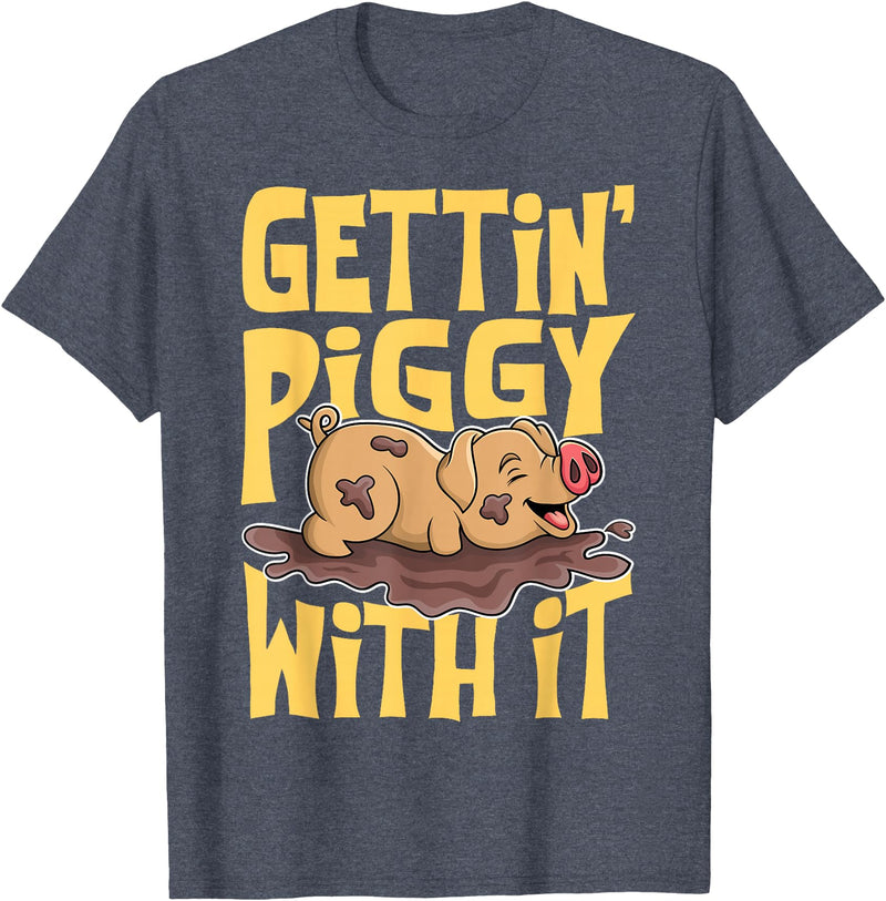 Hadley Designs Gettin' Piggy With It, Farm Animals, Hog Lover, I Love Pigs T-Shirt - Heather Blue