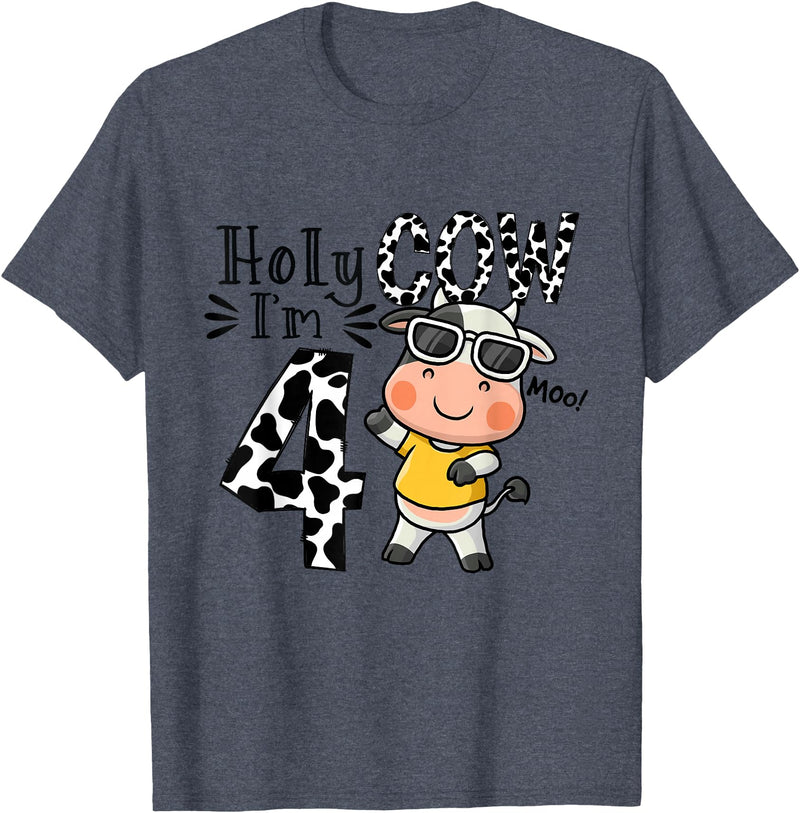 Holy Cow I'm 4 Birthday Boy Tee Gifts Cute 4th Cow Farm Animals Bday Holy Cow I'm 4 Birthday Boy T-Shirt - Heather Blue