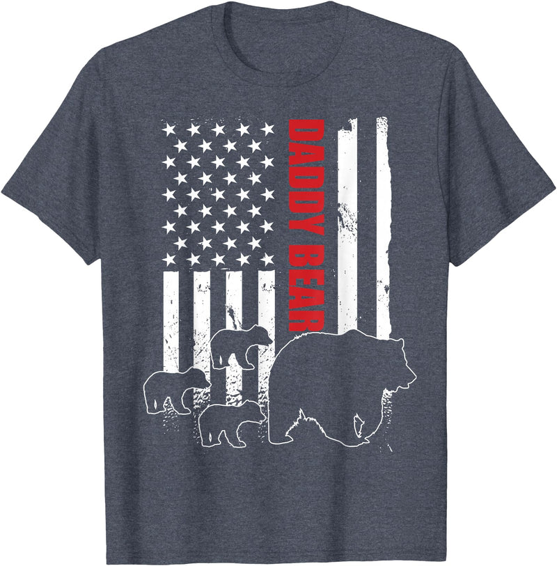 Vintage Gift for proud Dad of three Kids 4th July Daddy Bear with 3 cubs American Flag Daddy Bear Triplets T-Shirt - Heather Blue