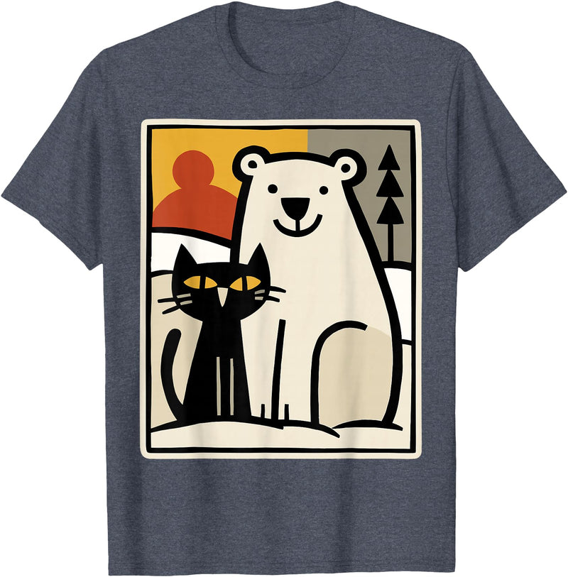 Utschki Bratschki Black Cat and Polar Bear Winter Animal Cute Snow Art T-Shirt - Heather Blue