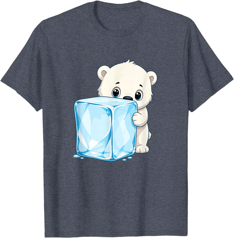 Cute Polar Bear Ice Cube Arctic Kawaii Adorable Baby Polar Bear Hugging Big Ice Cube T-Shirt - Heather Blue