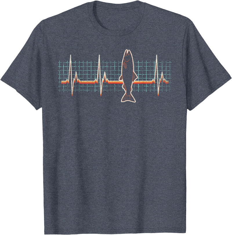 Salmon Fishing Heartbeat Retro Vintage 80s Gift Salmon Fish Retro Heartbeat Vintage 80s Style Gift T-Shirt - Heather Blue