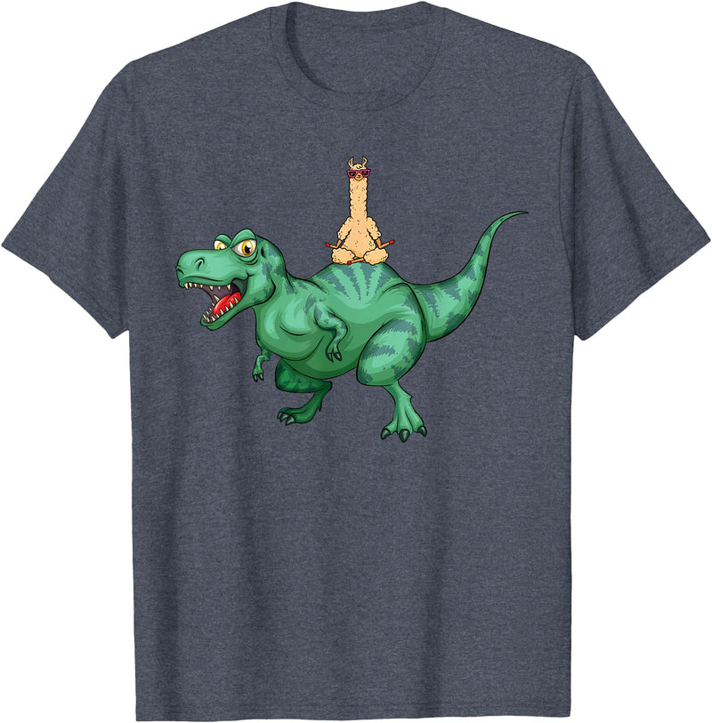 cute funny Llama Gifts and more Alpaca Llama riding Dinosaur T-Rex T-Shirt - Heather Blue