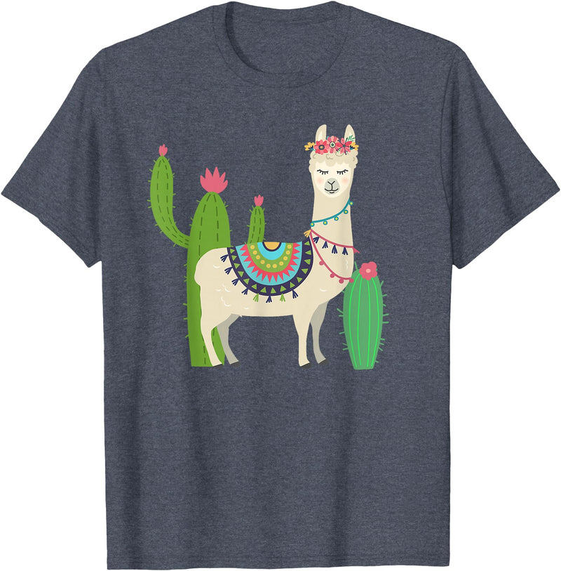 Captivaca Llama Shirts Cute Llama with Flower & Cactus/Llama Lover Gift T-Shirt Small - Heather Blue