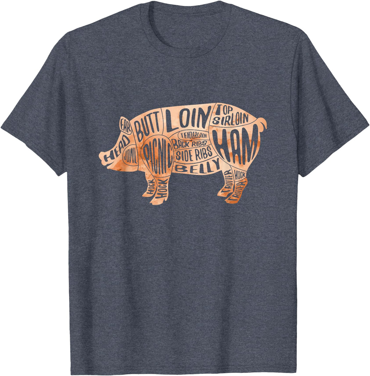 Zone - 365 Pig Pork Diagram Cuts Pig Cuts Butchers And Bacon Parts Pig Day Lovers T-Shirt - Heather Blue