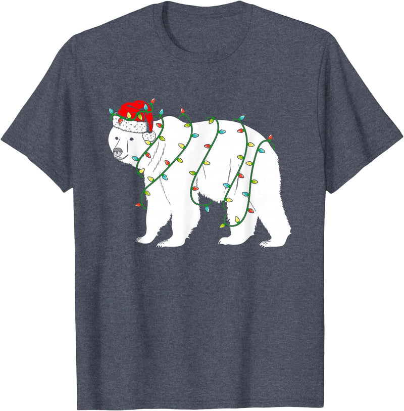 Funny Christmas Polar Bear Holiday Gifts Polar Bear Christmas Santa Hat Lights Xmas Gifts T-Shirt - Heather Blue