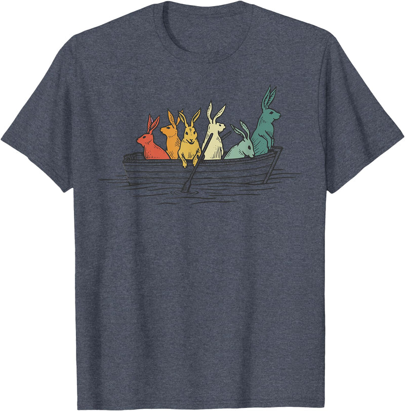 Pretty Rabbits in Retro Colors in a Boat - Bunny Rabbit T-Shirt in Heather Blue