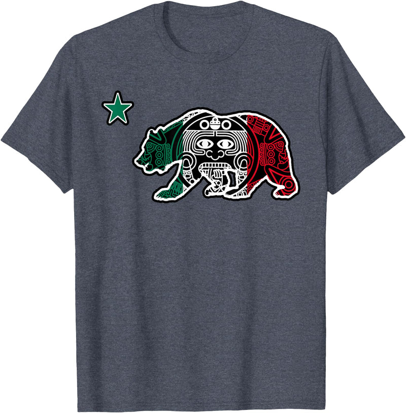 California Aztec Apparel Co California Republic Bear Aztec Calendar Mexico Mexican Flag T-Shirt - Heather Blue