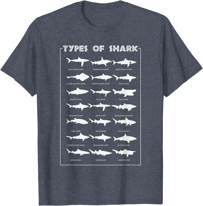 I Love Sharks Design T-Shirts 360 21 Types of Shark | Marine Biology Gift T-Shirt - Heather Blue