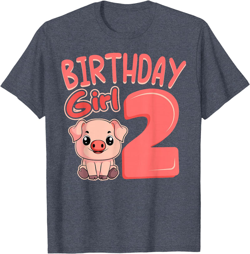 Pig Birthday 2 Cute Girl Farm Party Apparel Pig 2nd Birthday Girl Party Oink Farm Hog Farmyard Piggy T-Shirt - Heather Blue