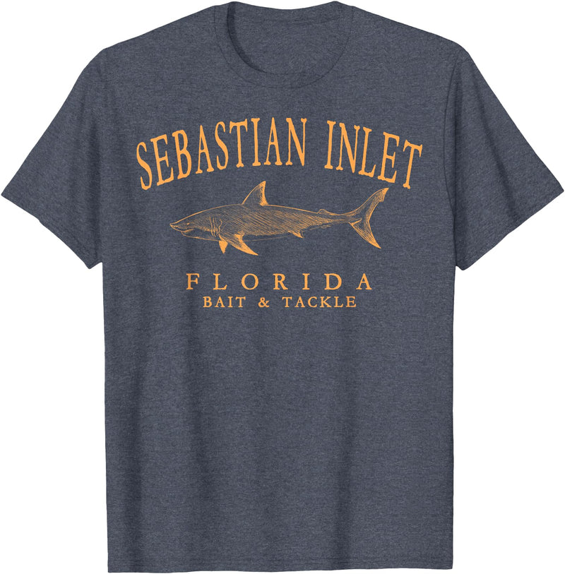 Sebastian Inlet Florida Fishing Souvenir Gifts Sebastian Inlet Florida Shark Retro Orange Art Fishing T-Shirt - Heather Blue