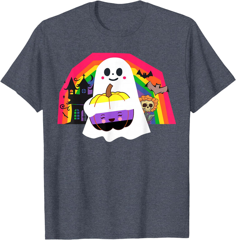LGBTQ Nonbinary Pride Halloween Designs Non Binary LGBT Halloween Costumes Ghost Gay Nonbinary Flag T-Shirt - Heather Blue