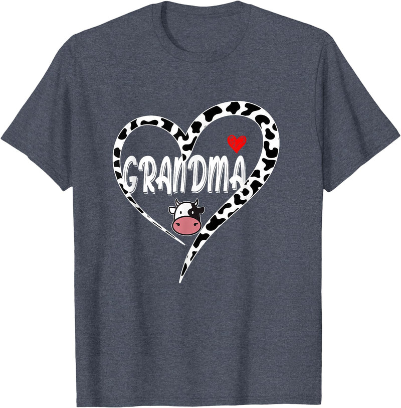 Black White Family Cow Farm Grandma Cow Print Cow Heart Pattern Farmer Cows Mother's Day T-Shirt - Heather Blue