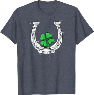 Lucky Clover Horses Co Horseshoe Lucky Four Leaf Clover Horse T-Shirt - Heather Blue