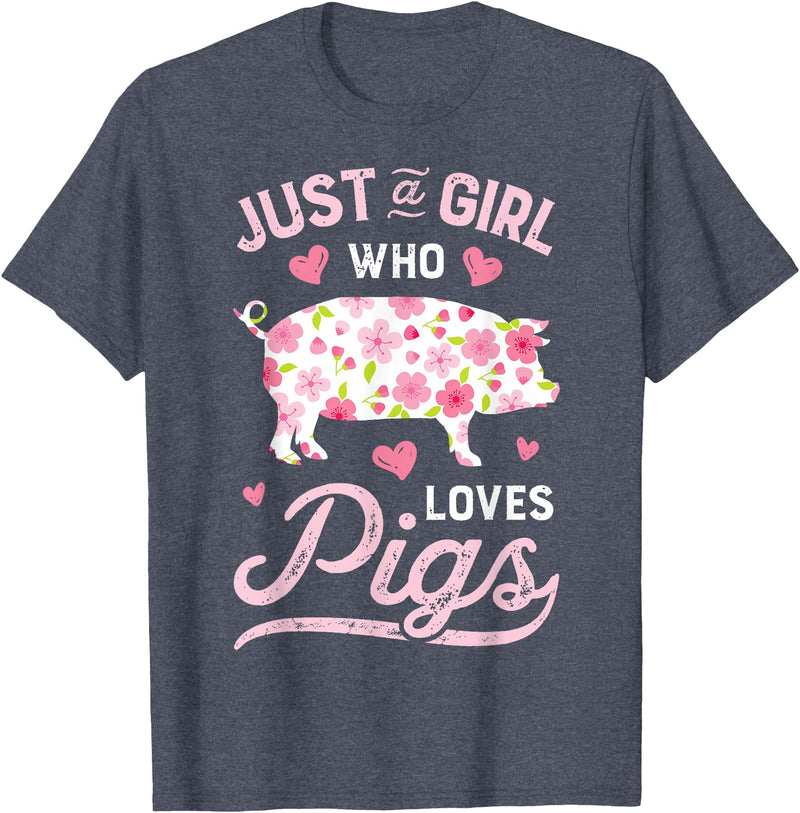 Piggy Squad Co Pig Just a Girl Who Loves Pigs Women Farmer Farm Flower T-Shirt Small - Heather Blue