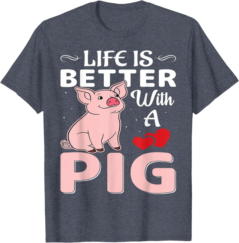 Funny Pig Farm Piggy Farmer Farming Gifts DAIMMER Life Is Better With A Pig T-Shirt - Heather Blue