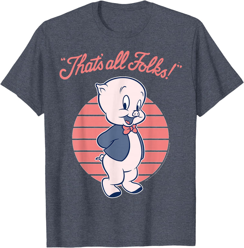 Looney Tunes Porky Pig That's All Folks Lined Portrait T-Shirt - Heather Blue