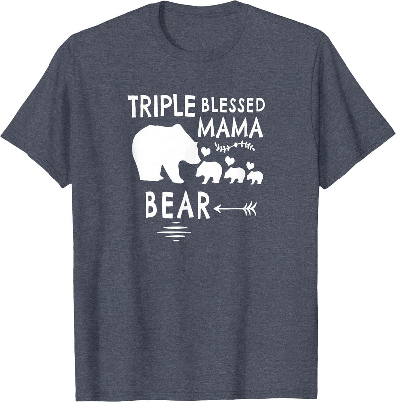 The Mothers Day Shirt Co. Triple Blessed Mama Bear Shirt For Moms With Three Kids T-Shirt - Heather Blue