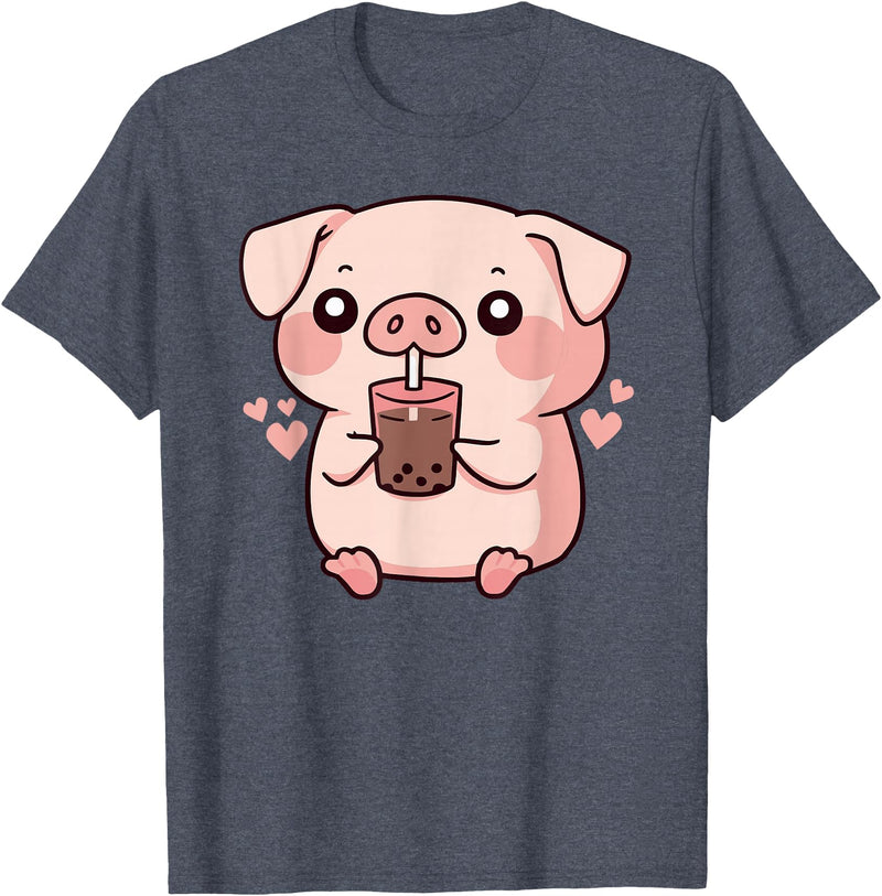 Bubbly Piglets Collection Cute kawaii cartoon pig drinking bubble tea T-Shirt - Heather Blue