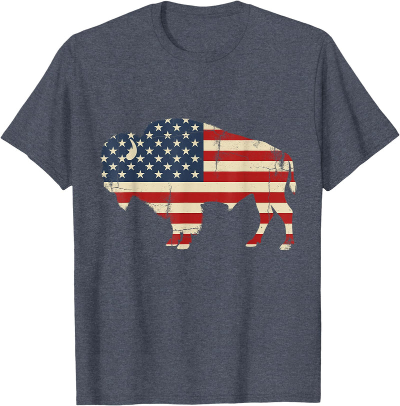Bison American Buffalo Patriotic Heritage Lr Vintage Buffalo American Flag USA Bison Lover Wildlife T-Shirt - Heather Blue
