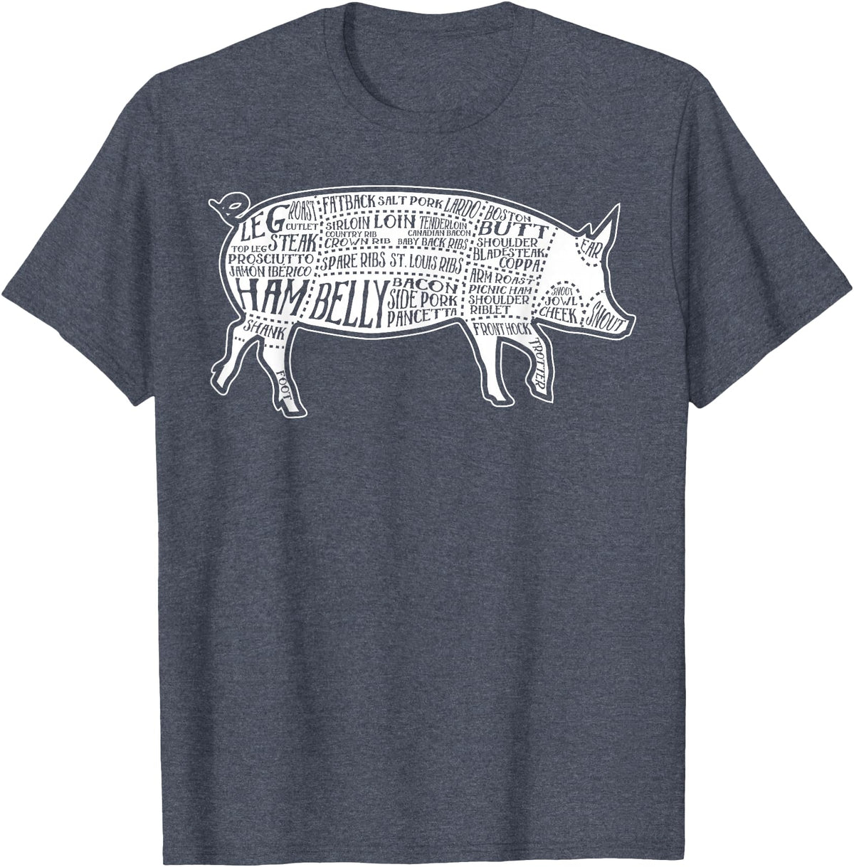 Pig Grilling Pork BBQ Bacon Lover Fun Gift Idea Lard Cuts Image Pig Parts Diagram Illustration Butcher Print T-Shirt - Heather Blue
