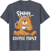 Funny Coffee Lover Coffee Drinker Saying Gifts Shhh Coffee First - Cute Coffee Drinking Bear T-Shirt - Heather Blue