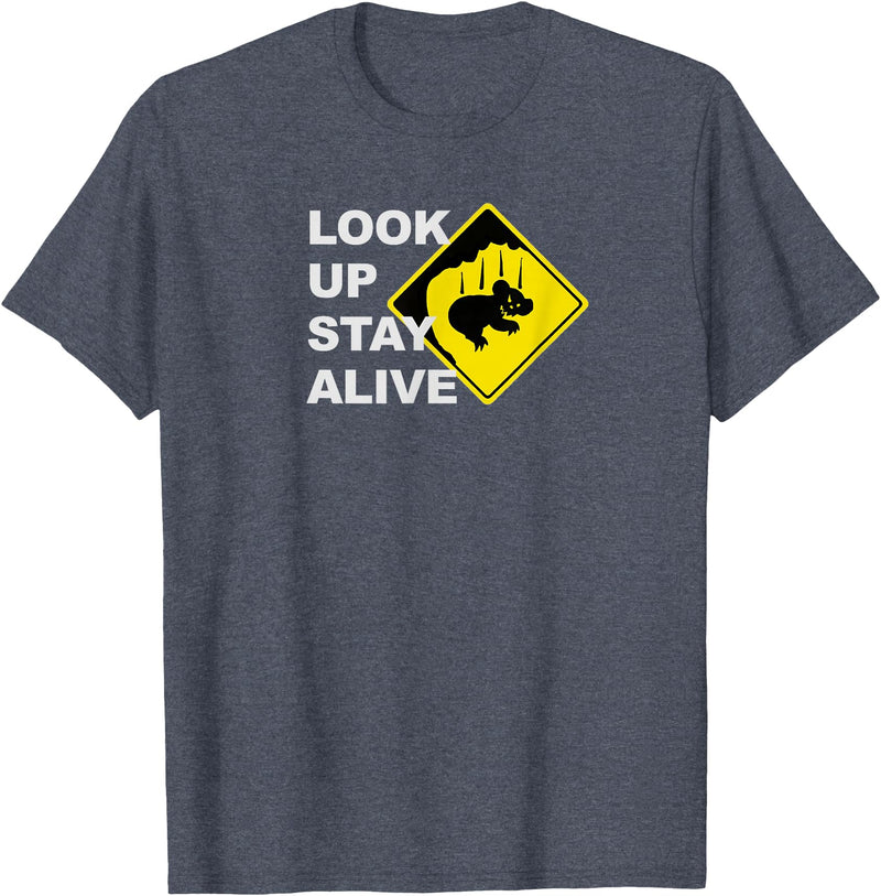 Drop Bear Meme Beware Drop Bears Look Up Stay Alive Funny Aussie TShirt T-Shirt - Heather Blue