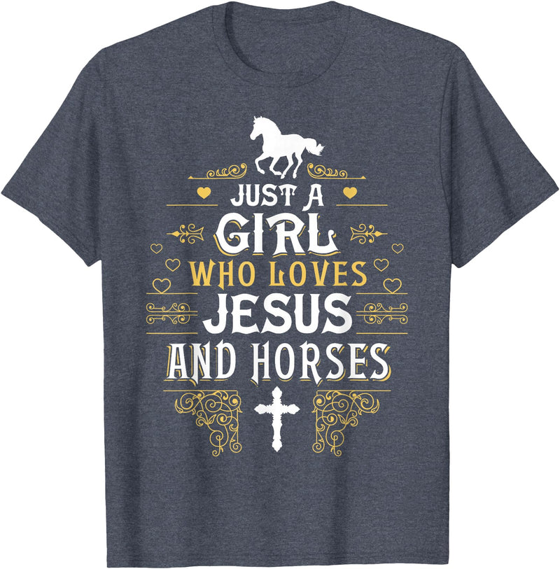Faith Horse Lover Christian Cowgirl Christmas Tees Girl Who Loves Jesus and Horses for Daughter Sister Christ T-Shirt - Heather Blue