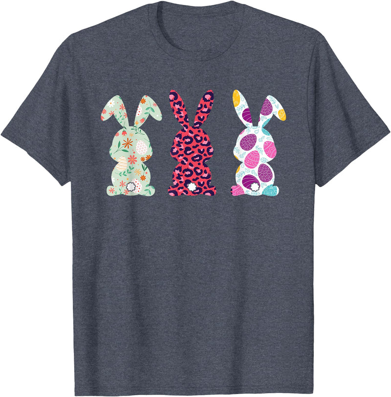 Cute Pink Leopard Eggs Flower Happy Easter Bunny Rabbit T-Shirt in Heather Blue